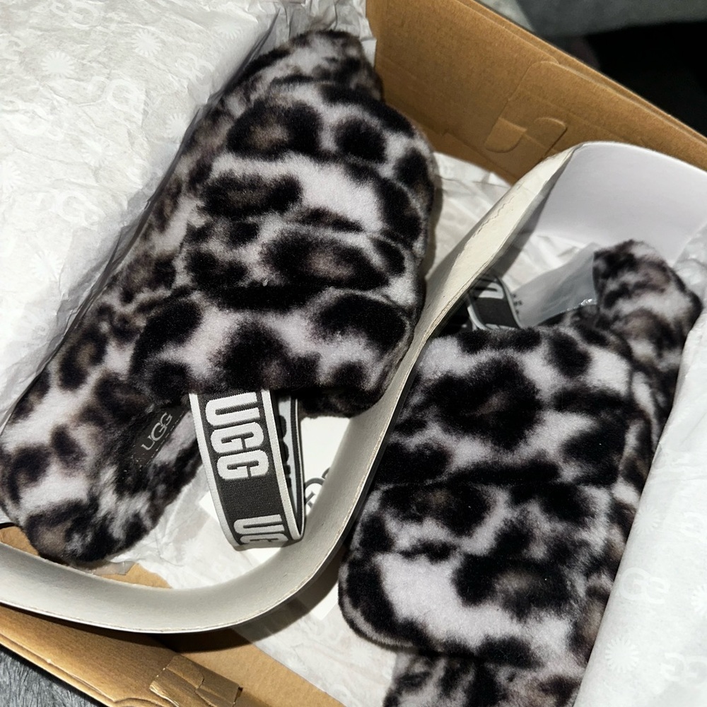 UGG Fluff Yeah Slide Stormy Grey Panther Print Sheepskin Slipper